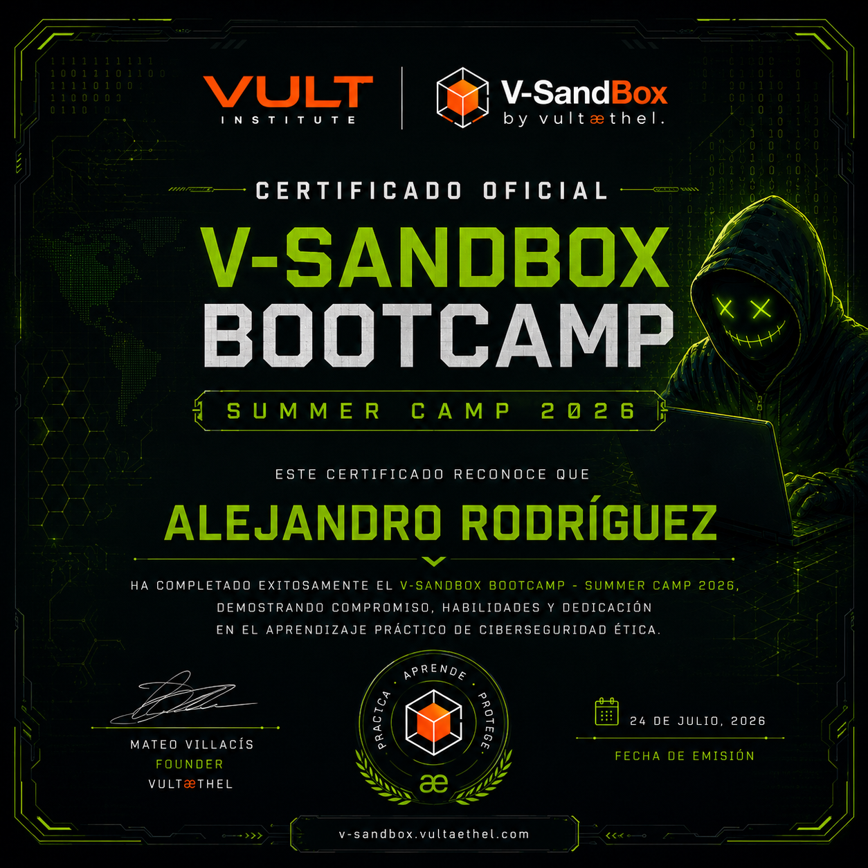 Certificado oficial V-SANDBOX Bootcamp Summer Camp 2026 - V-SANDBOX + VULT Institute